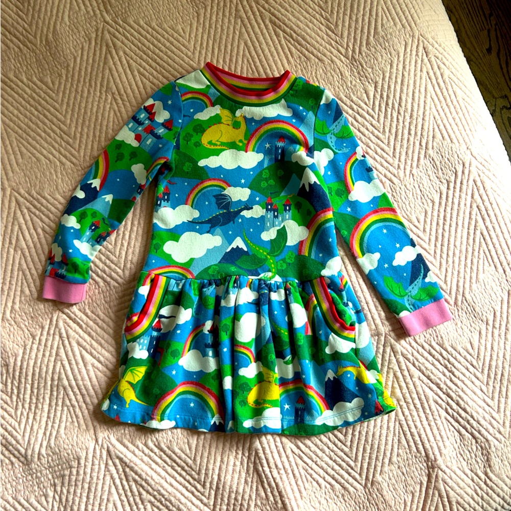 MiniBoden rainbow and dragons and castle sweatshirt dress 5-6yo